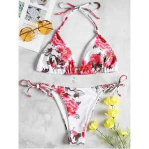 Zaful Pink Floral Triangle String Bikini Large